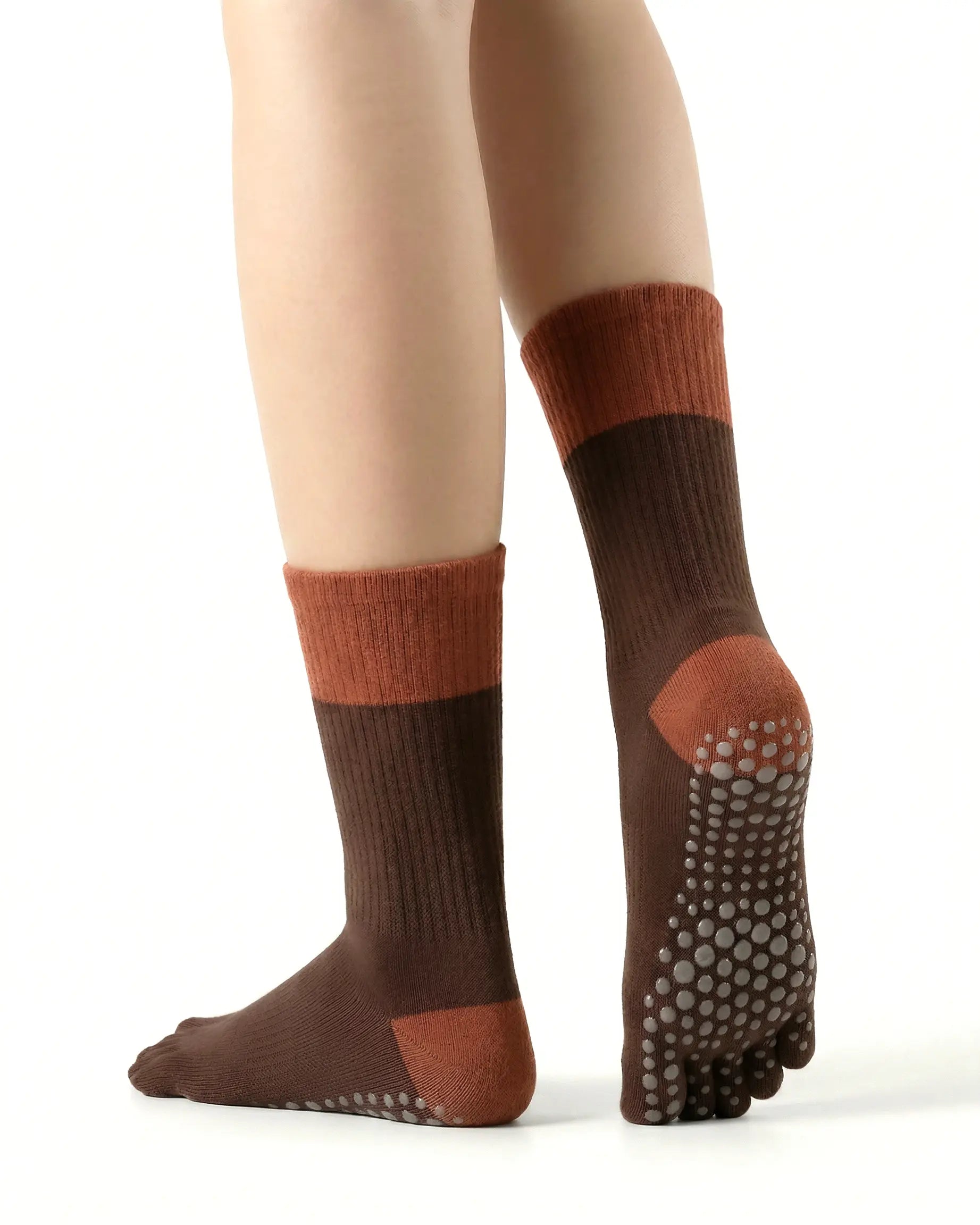 brown | 02 | Brown color block five-toe grip socks back side view showing full-sole grip texture, five-toe separation, and contrast color blocking