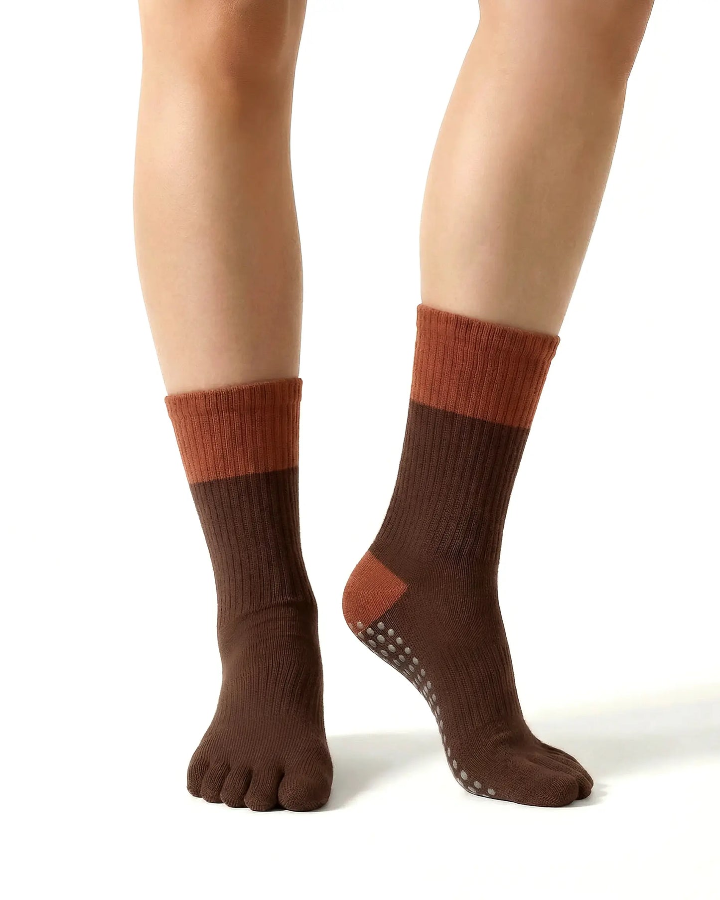brown | 04 | Brown color block five-toe grip socks front standing view showing five-toe silhouette, contrast toe and heel panels, and studio-ready grip styling