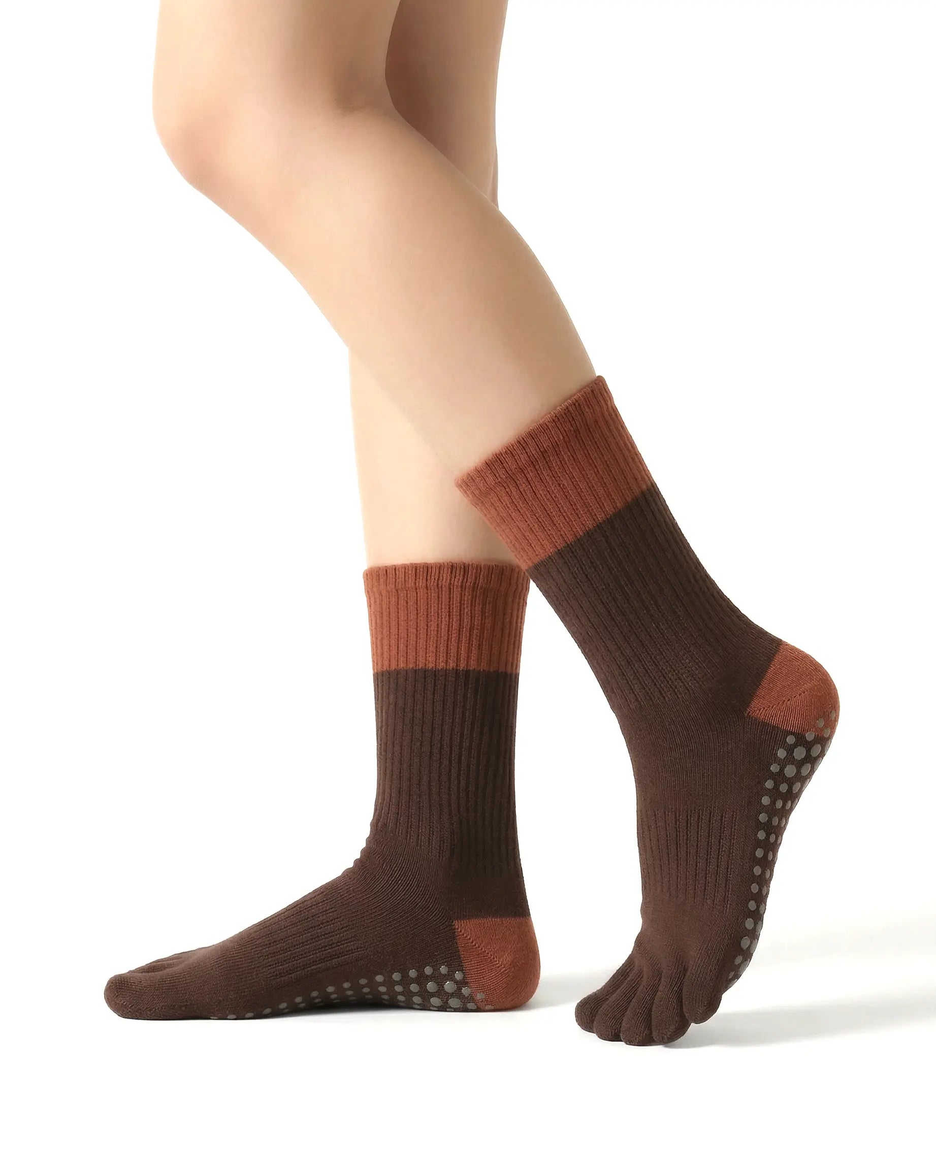 brown | 01 | Brown color block five-toe grip socks side standing view showing ribbed knit texture, contrast cuff and heel, and full-sole grip design