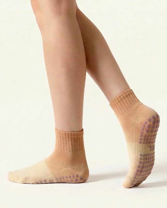 camel | 01 | Camel gradient mid-crew grip socks side standing view showing soft knit texture, gradient ombré transition, and sole grip detail
