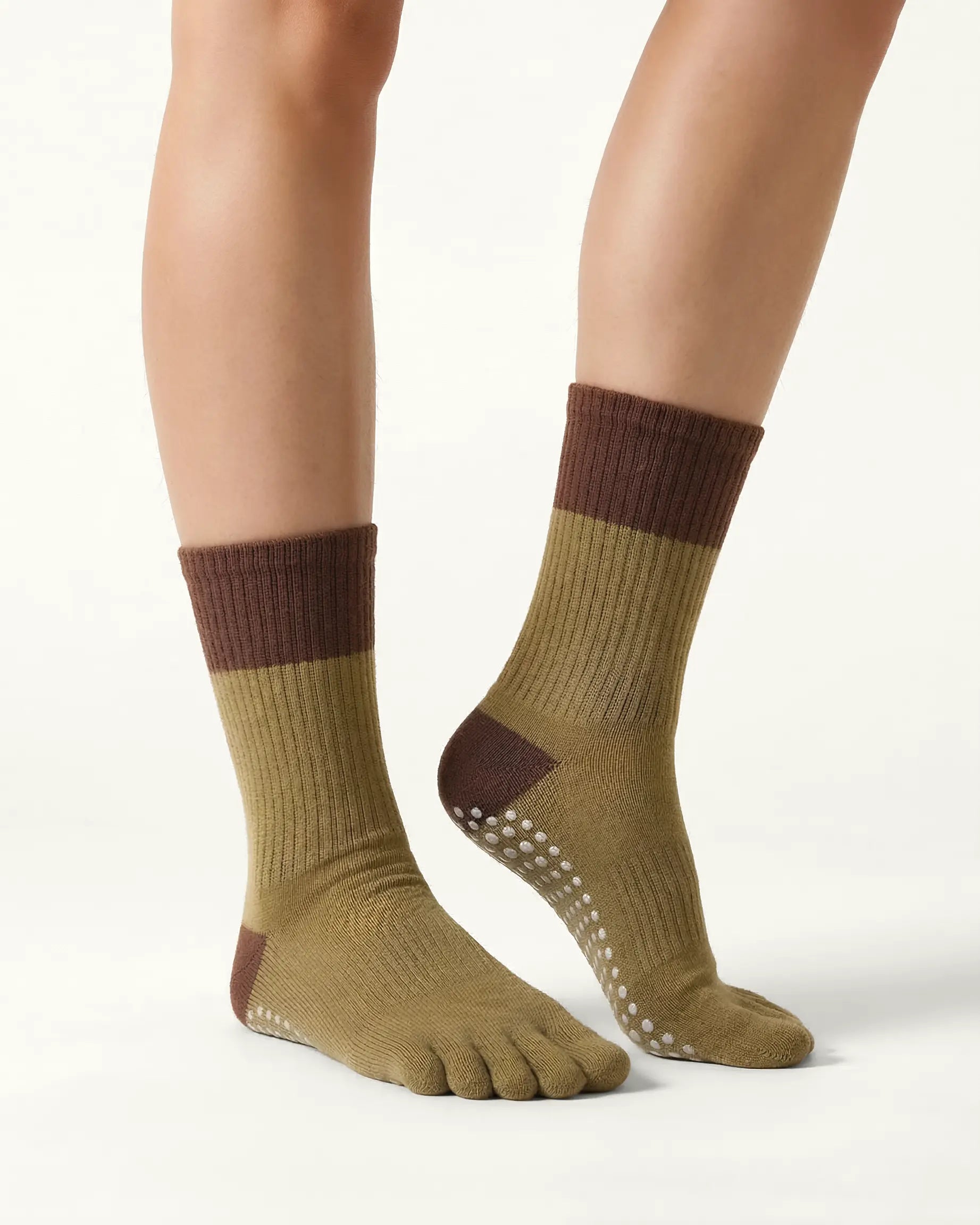 olive-green | 03 | Olive green color block five-toe grip socks side close-up view showing contrast cuff, ribbed body, and structured knit detail