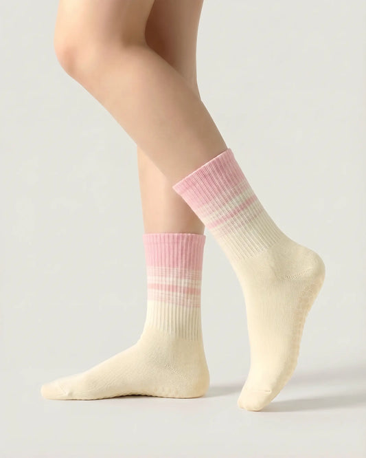 pink-apricot | 01 | Crew grip socks main image showing pink and apricot gradient stripes, ribbed knit texture, and clean studio presentation