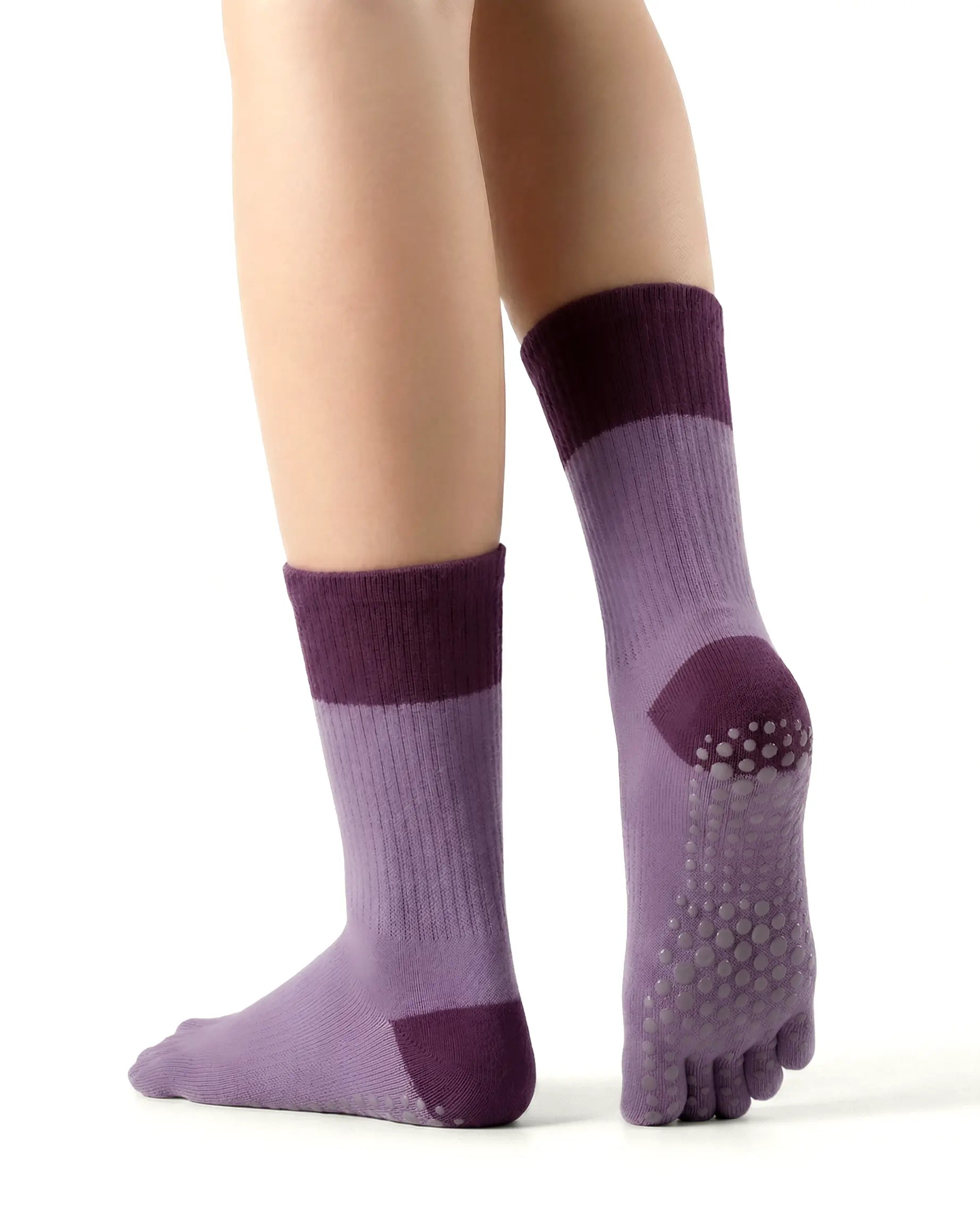 purple | 02 | Purple color block five-toe grip socks back side view showing full-sole grip texture, five-toe separation, and contrast color blocking