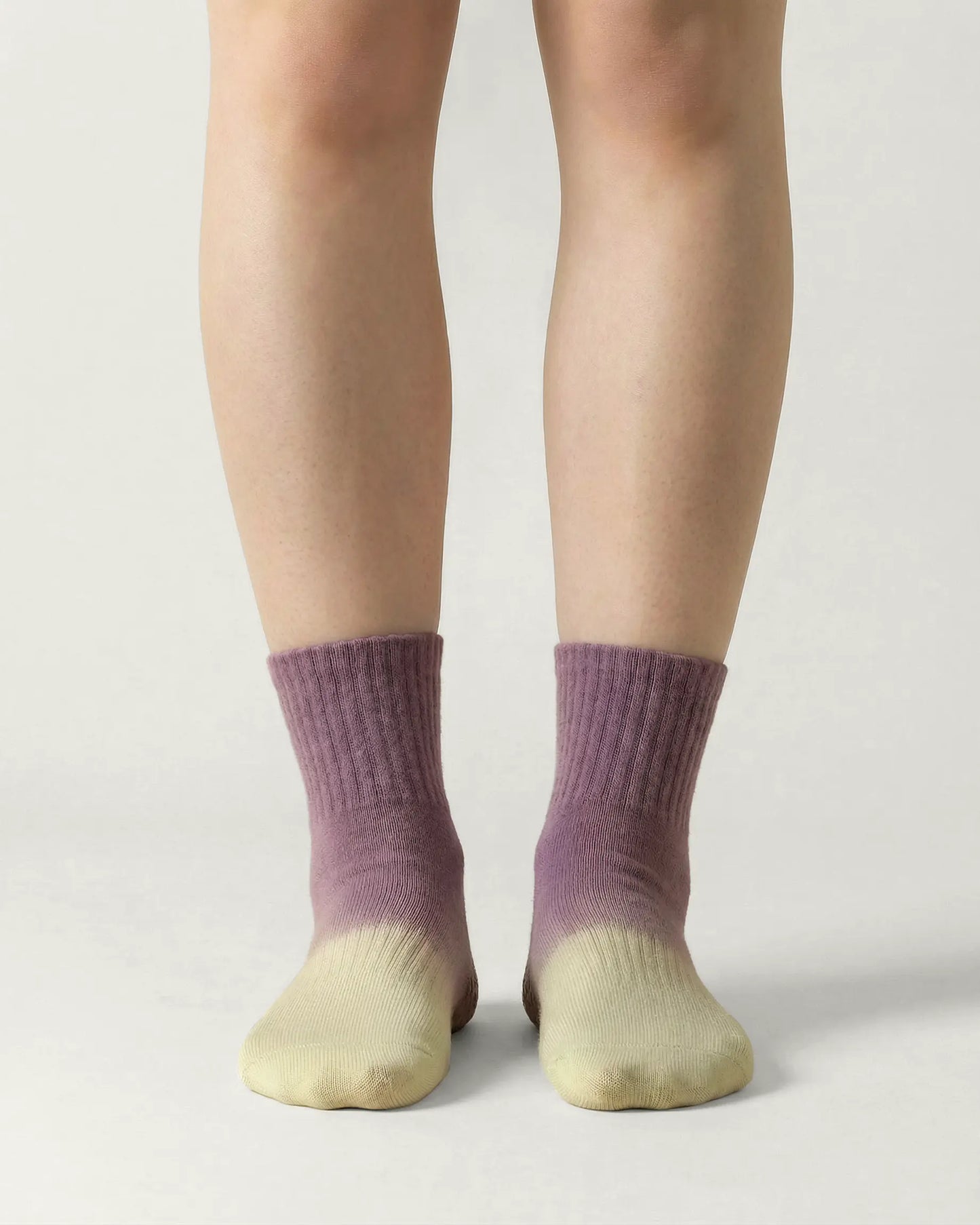 purple-green | 03| Purple-green gradient mid-crew grip socks front standing view showing soft ribbed knit texture, clean silhouette, and subtle ombré color transition