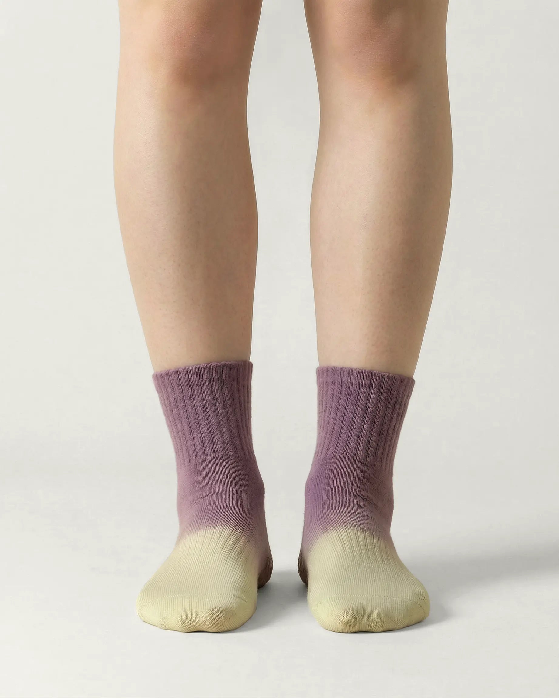 purple-green | 03| Purple-green gradient mid-crew grip socks front standing view showing soft ribbed knit texture, clean silhouette, and subtle ombré color transition
