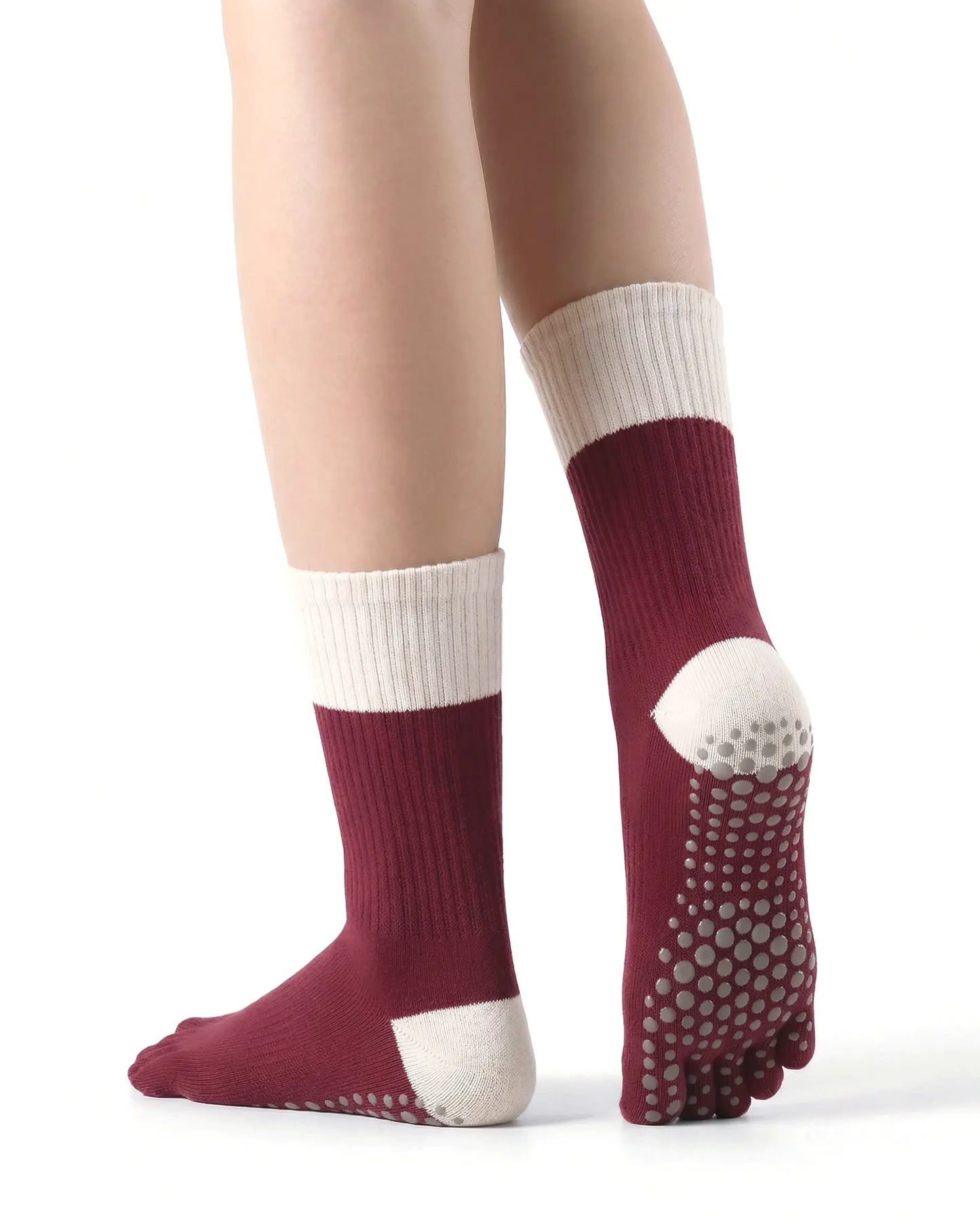 red | 02 | Red color block five-toe grip socks back side view showing full-sole grip texture, five-toe separation, and contrast color blocking