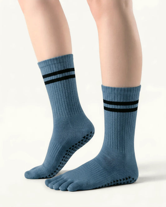 blue-grey | 01 | Blue grey double-stripe five-toe grip socks side lift view showing ribbed texture, stripe detail, and toe separation