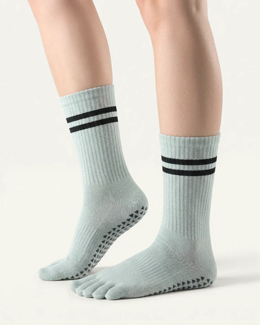 grey-green | 01 | Grey green double-stripe five-toe grip socks side lift view showing ribbed texture, stripe detail, and toe separation