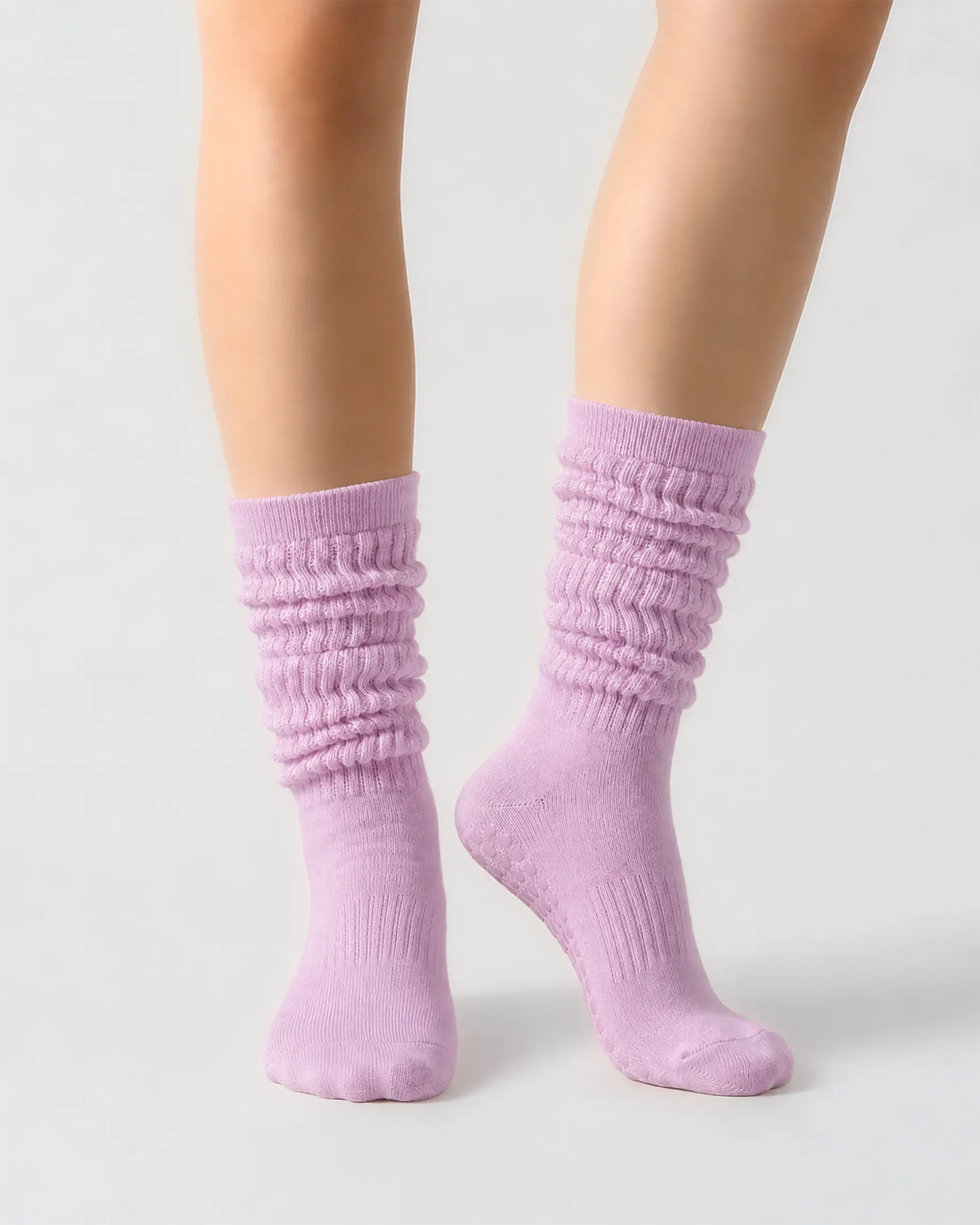 light-purple | 04 | Light purple slouch grip socks front standing view showing crew height, relaxed slouch silhouette, and clean non-slip studio sock styling