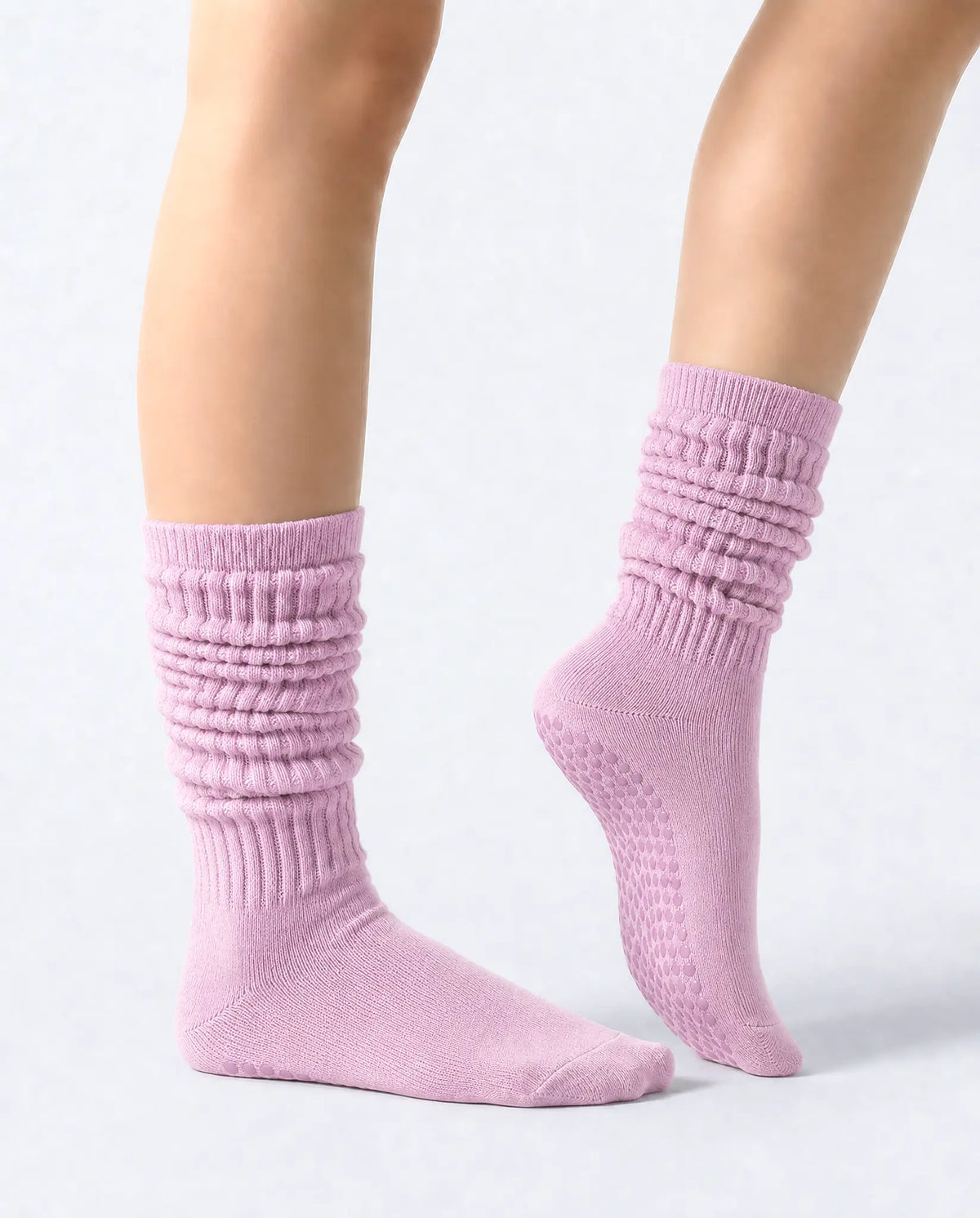 light-purple | 03 | Light purple slouch grip socks side standing view showing relaxed slouch fit, ribbed knit texture, and minimal studio look