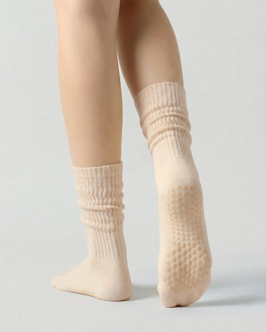 light-yellow | 02 | Light yellow slouch grip socks back side view showing slouch shape, grip sole detail, and soft ribbed texture
