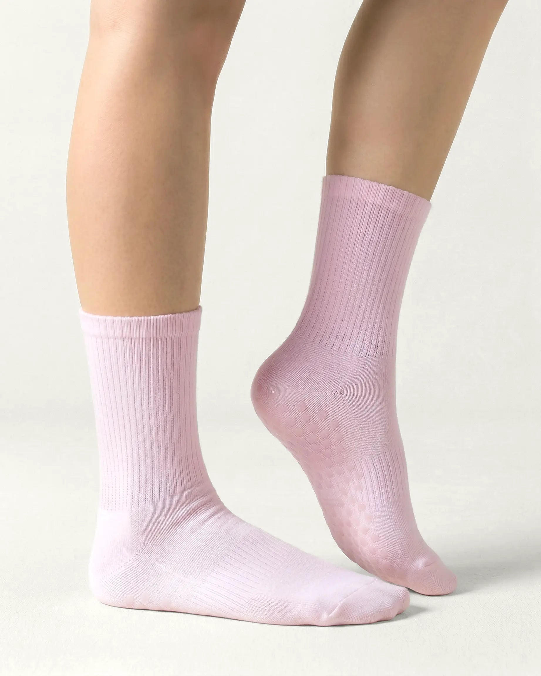 pink | 03 | Pink crew grip socks side standing view showing clean silhouette and crew fit