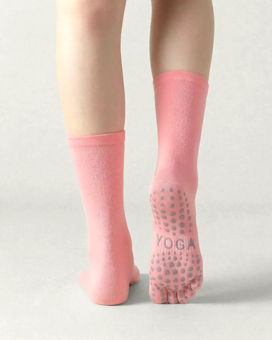 pink | 02 | Pink minimal five-toe grip socks back view showing sole grip pattern, toe separation, and clean silhouette