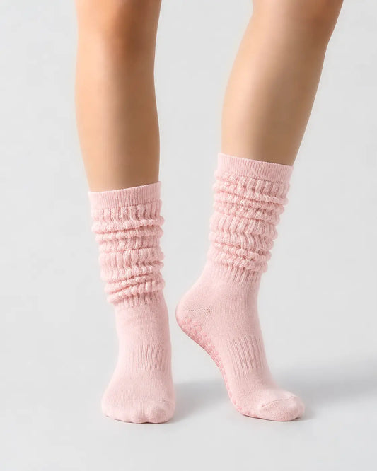 pink | 04 | Pink slouch grip socks front standing view showing crew height, relaxed slouch silhouette, and clean non-slip studio sock styling