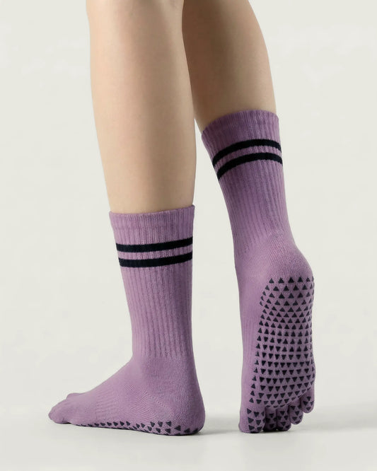 purple | 02 | Purple double-stripe five-toe grip socks back view showing sole grip pattern, stripe detail, and ribbed knit texture