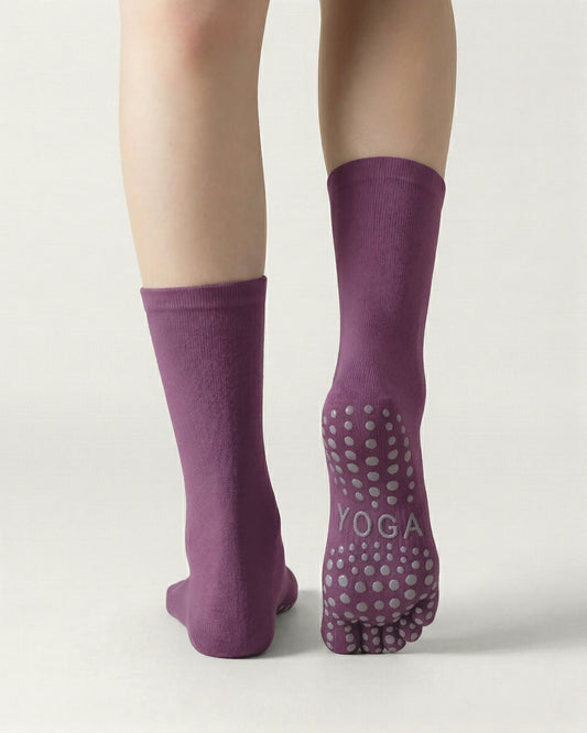 purple | 02 | Purple minimal five-toe grip socks back view showing sole grip pattern, toe separation, and clean silhouette