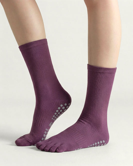 purple | 01 | Purple minimal five-toe grip socks side lift view showing clean texture, toe separation, and minimal studio look