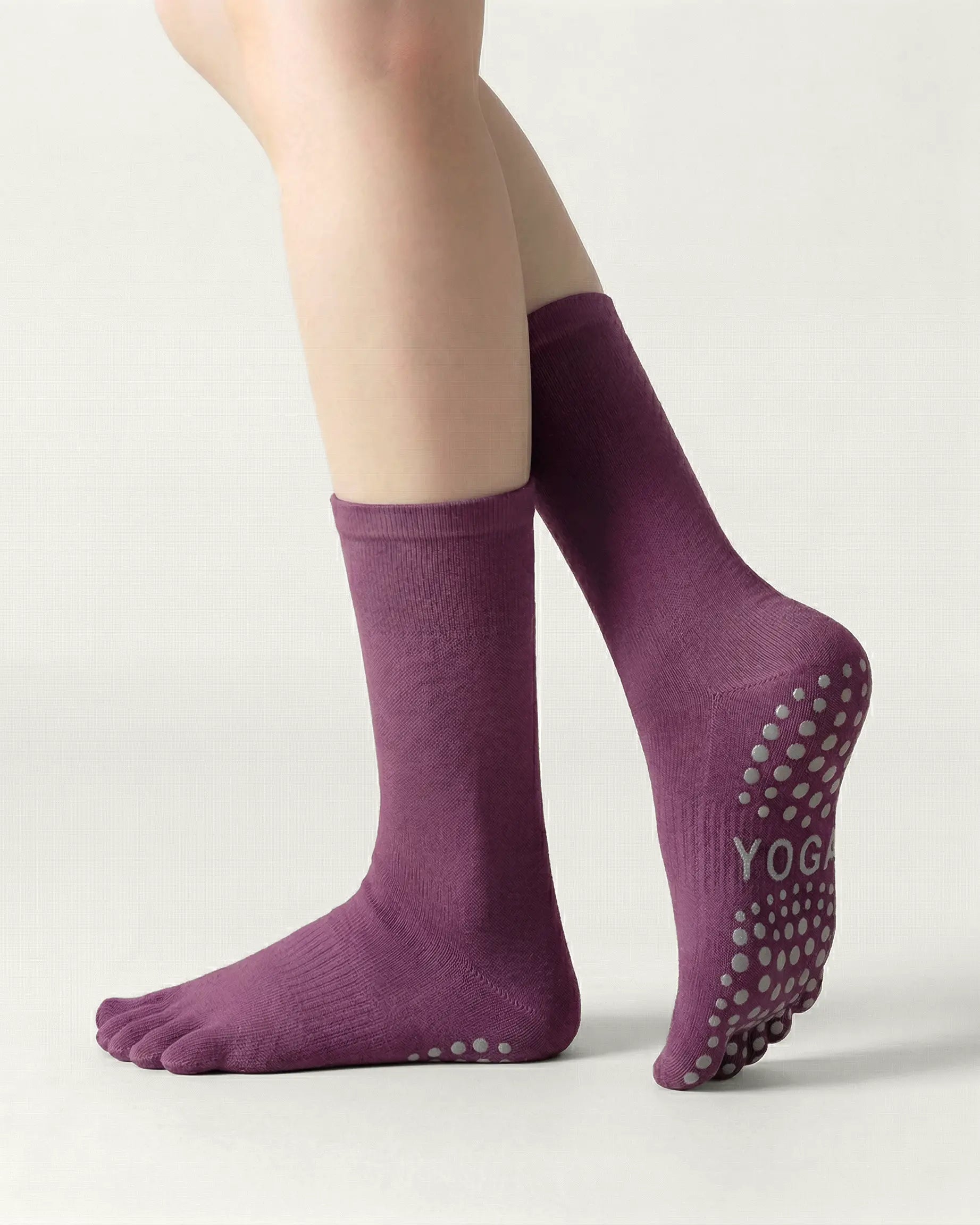 purple | 03 | Purple minimal five-toe grip socks side standing view showing clean texture, toe separation, and overall fit