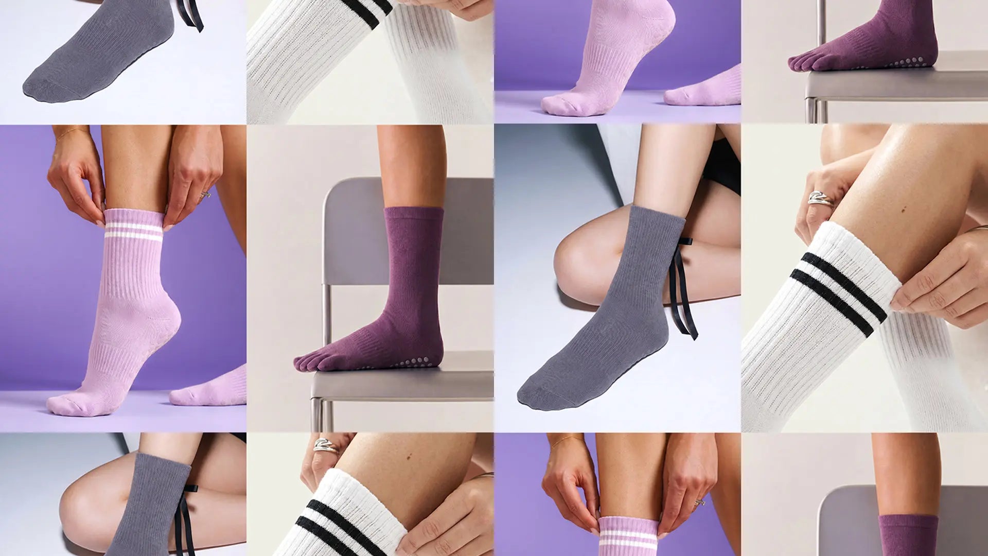 NERRA grip socks collection featuring crew socks, five-toe socks and colorful studio styles