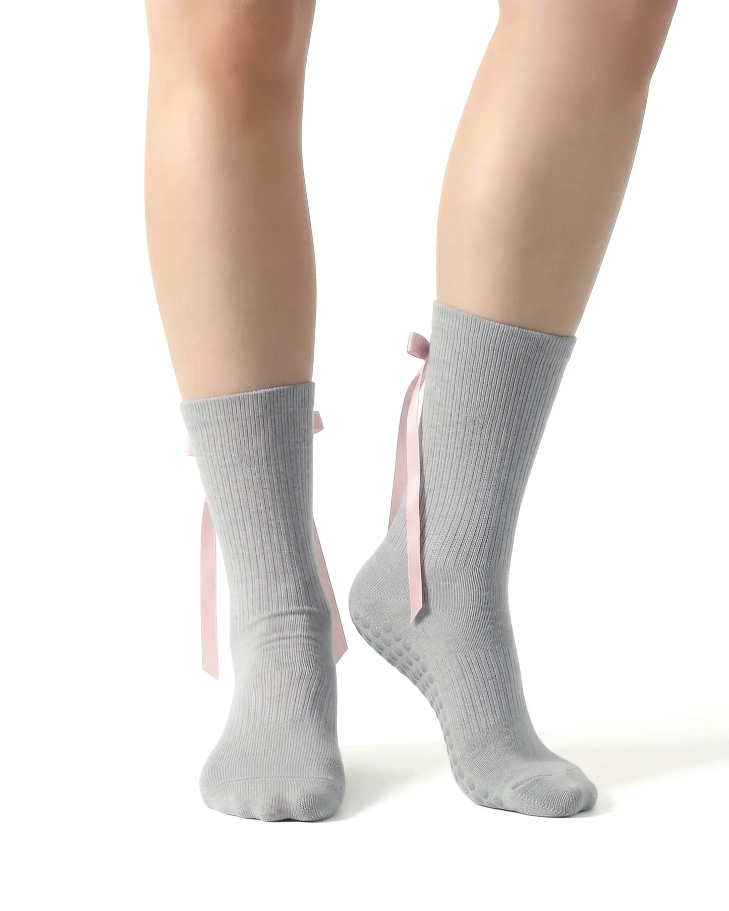 light-grey | 04 | Light grey ballet ribbon crew grip socks front standing view showing clean crew silhouette, ribbon side detail, and minimal non-slip styling