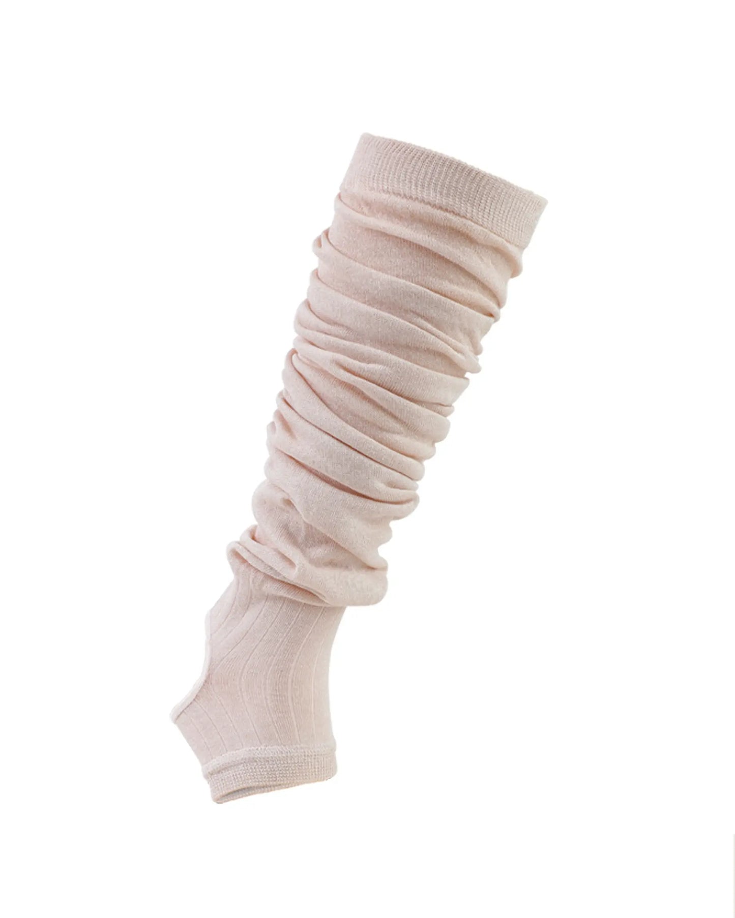apricot | 04 | Apricot ballet stirrup leg warmers isolated product view showing the fine-knit texture, open heel, and gathered slouch folds