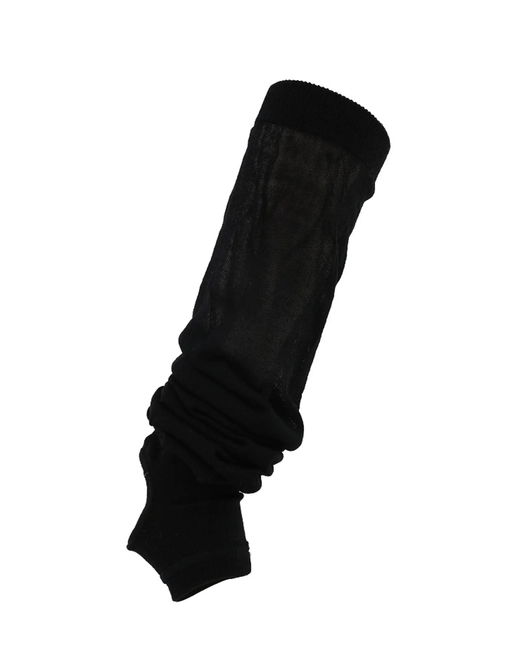 black | 04 | Black ballet stirrup leg warmers isolated product view showing the fine-knit texture, open heel, and gathered slouch folds