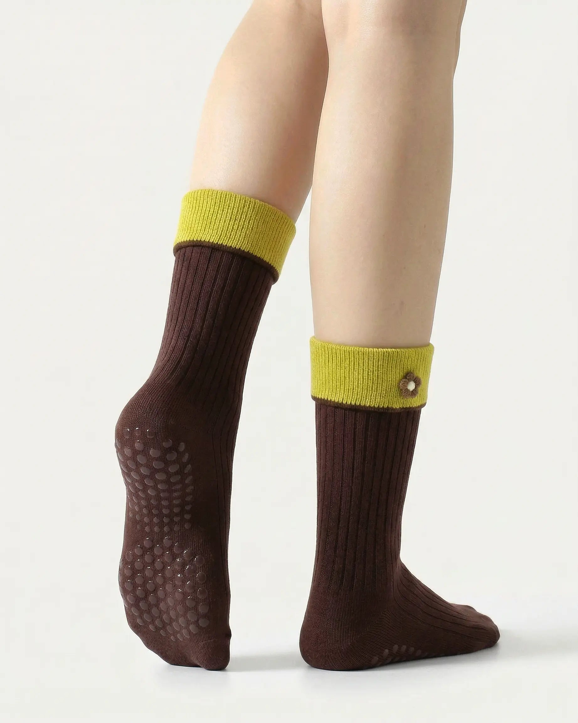 brown | 02 | Brown floral detail crew grip socks back side view showing grip sole detail, contrast cuff, and flower embroidery on fold-over cuff