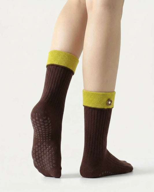 brown | 02 | Brown floral detail crew grip socks back side view showing grip sole detail, contrast cuff, and flower embroidery on fold-over cuff