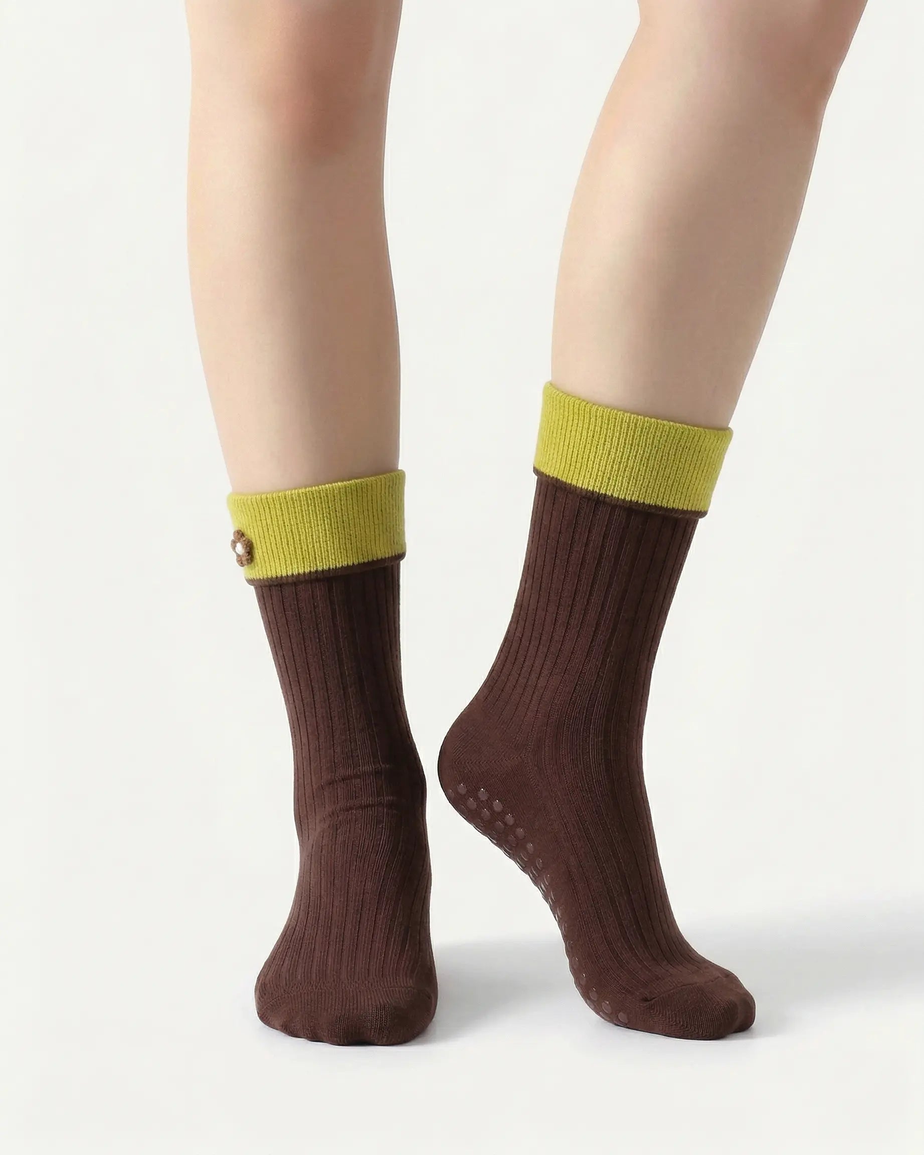 brown | 04 | Brown floral detail crew grip socks front standing view showing clean crew shape, contrast cuff, and minimal non-slip sock styling