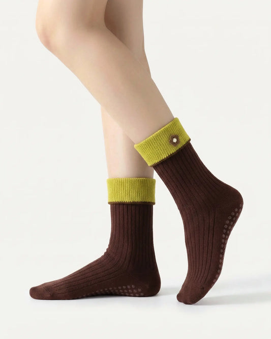 brown | 01 | Brown floral detail crew grip socks side standing view showing contrast cuff, ribbed knit texture, and small flower embroidery detail