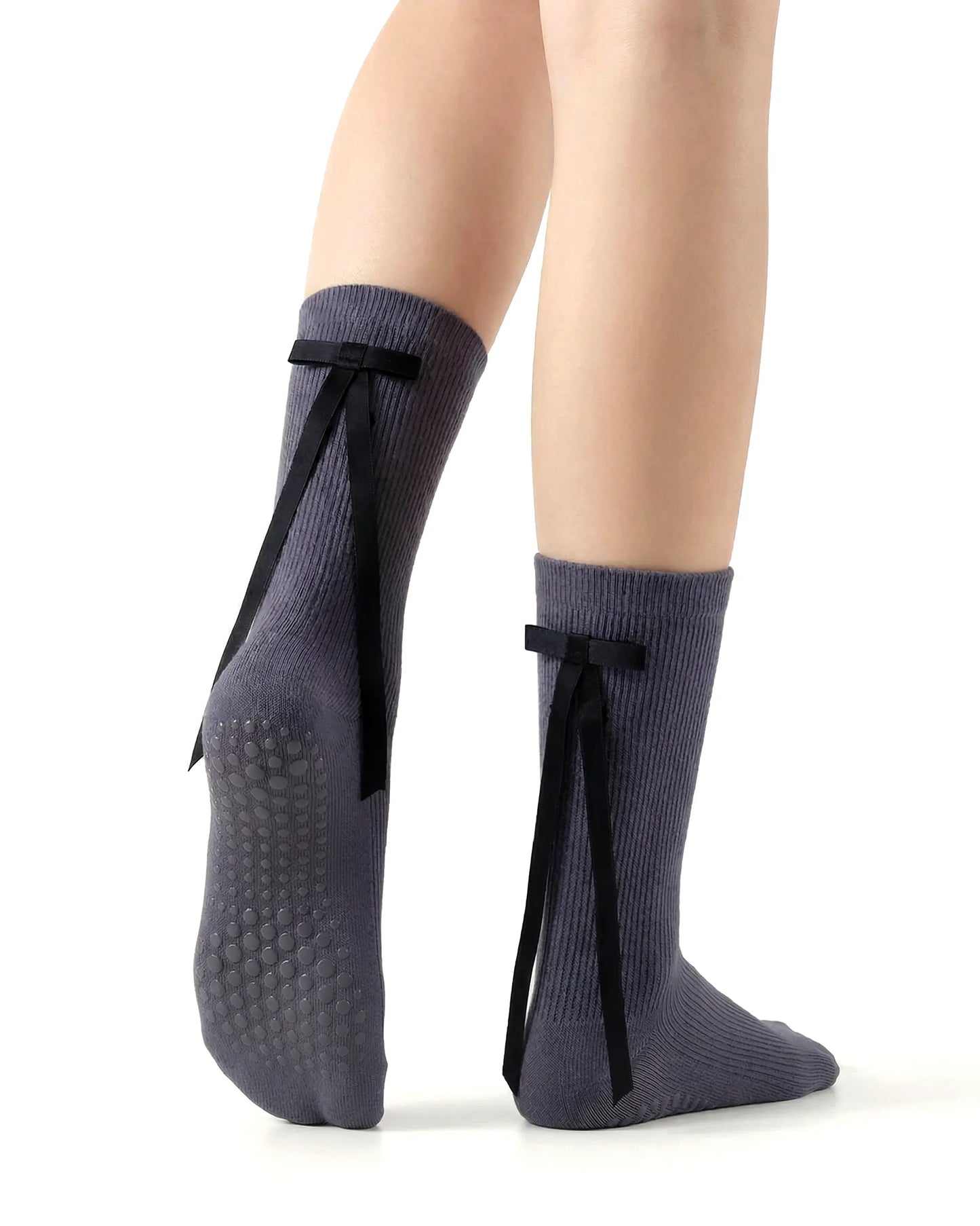 dark-grey | 02 | Dark grey ballet ribbon crew grip socks back side view showing grip sole detail, ribbon bow accent, and crew coverage