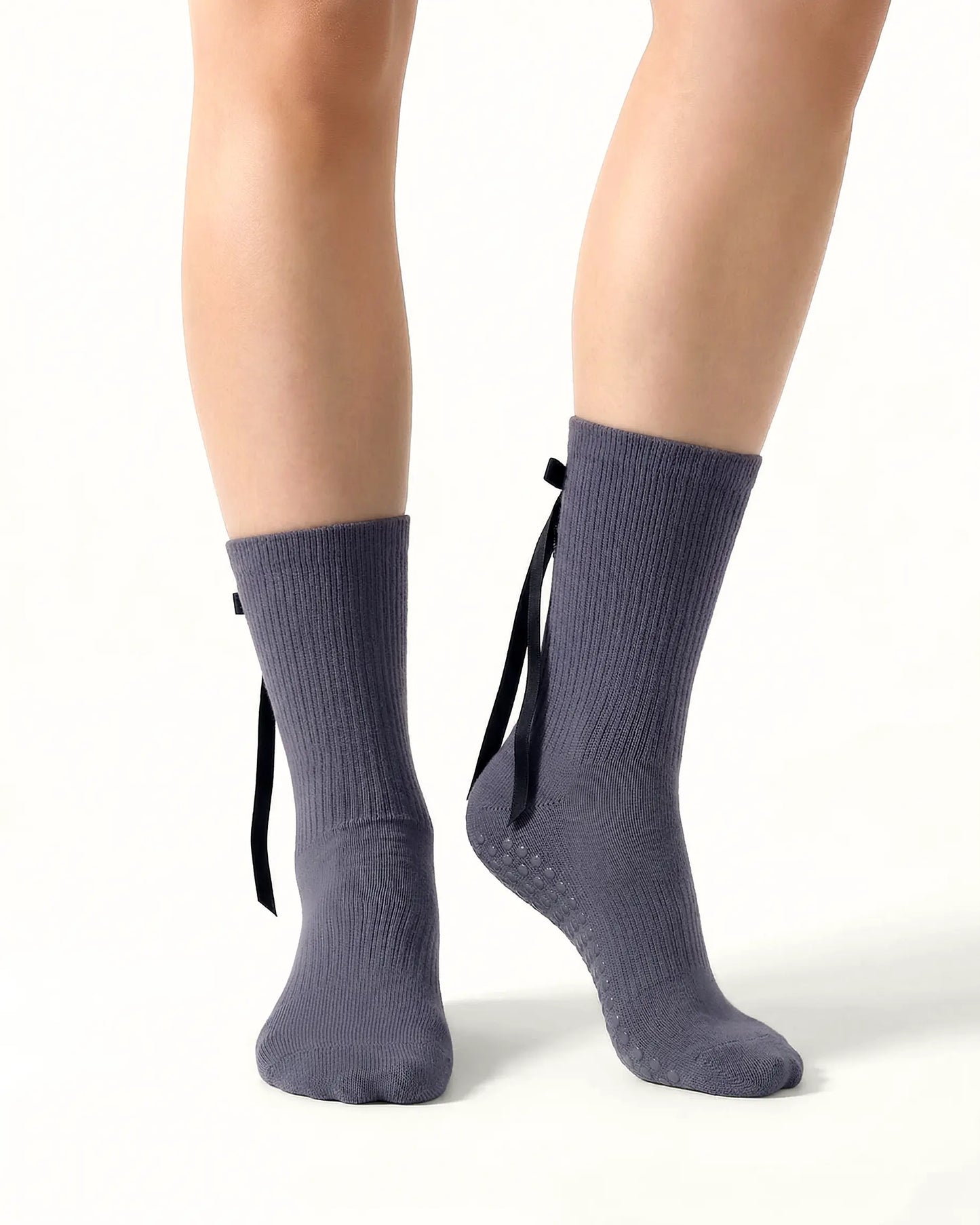 dark-grey | 04 | Dark grey ballet ribbon crew grip socks front standing view showing clean crew silhouette, ribbon side detail, and minimal non-slip styling