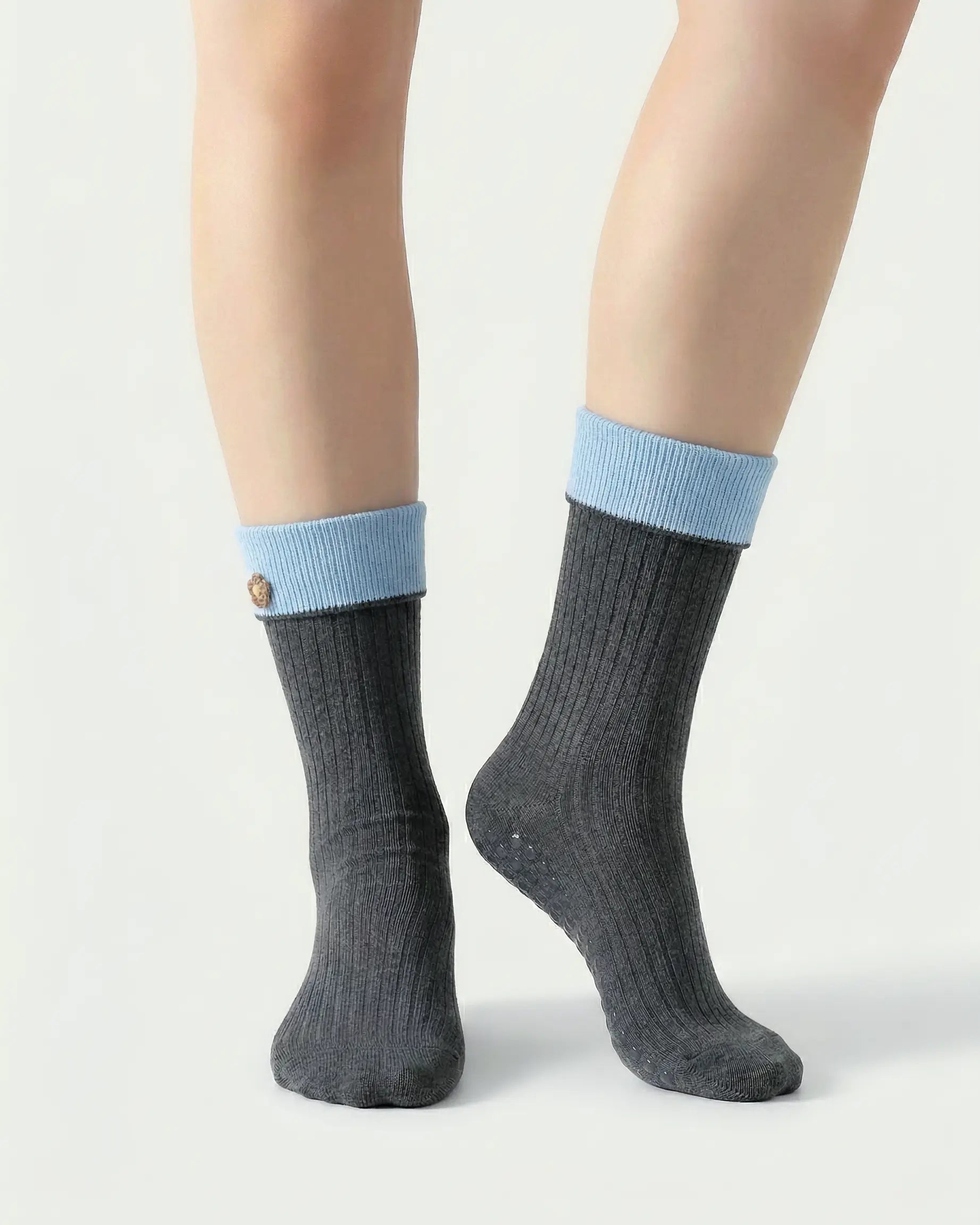 dark-grey | 04 | Dark grey floral detail crew grip socks front standing view showing clean crew shape, contrast cuff, and minimal non-slip sock styling