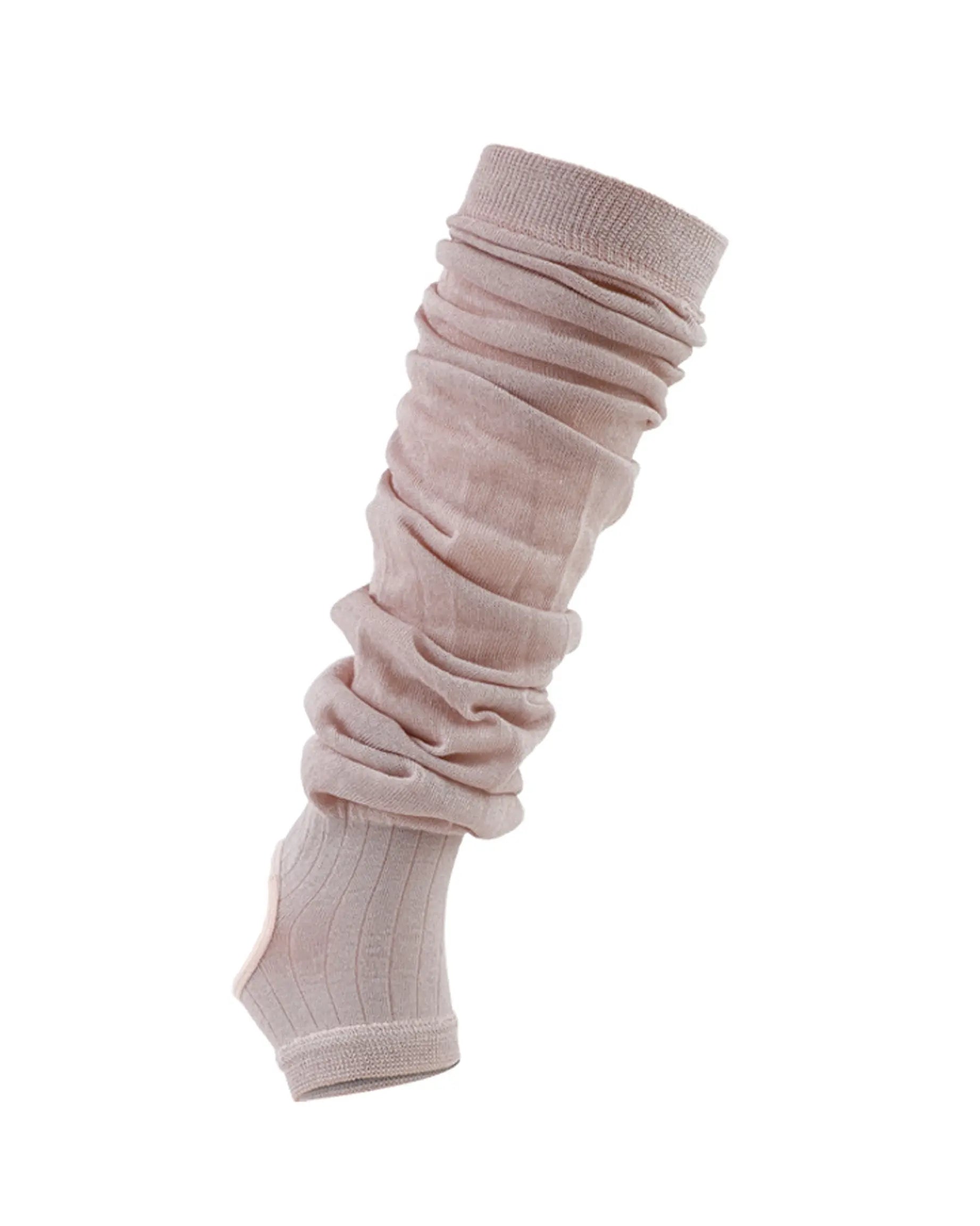 dusty-mauve | 04 | Dusty mauve ballet stirrup leg warmers isolated product view showing the fine-knit texture, open heel, and gathered slouch folds