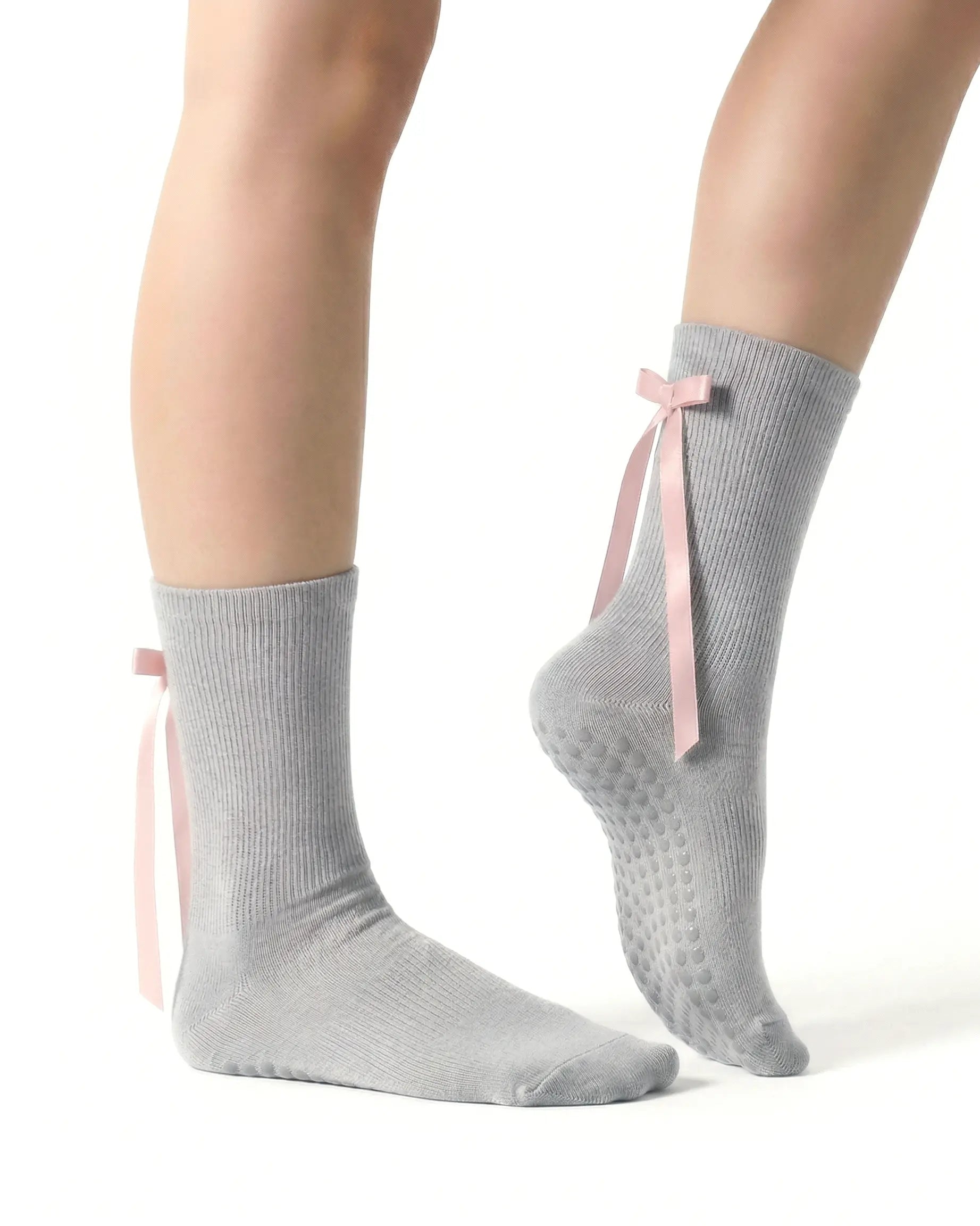 light-grey | 03 | Light grey ballet ribbon crew grip socks side detail view showing satin ribbon bow, ribbed cuff, and ballet-inspired styling