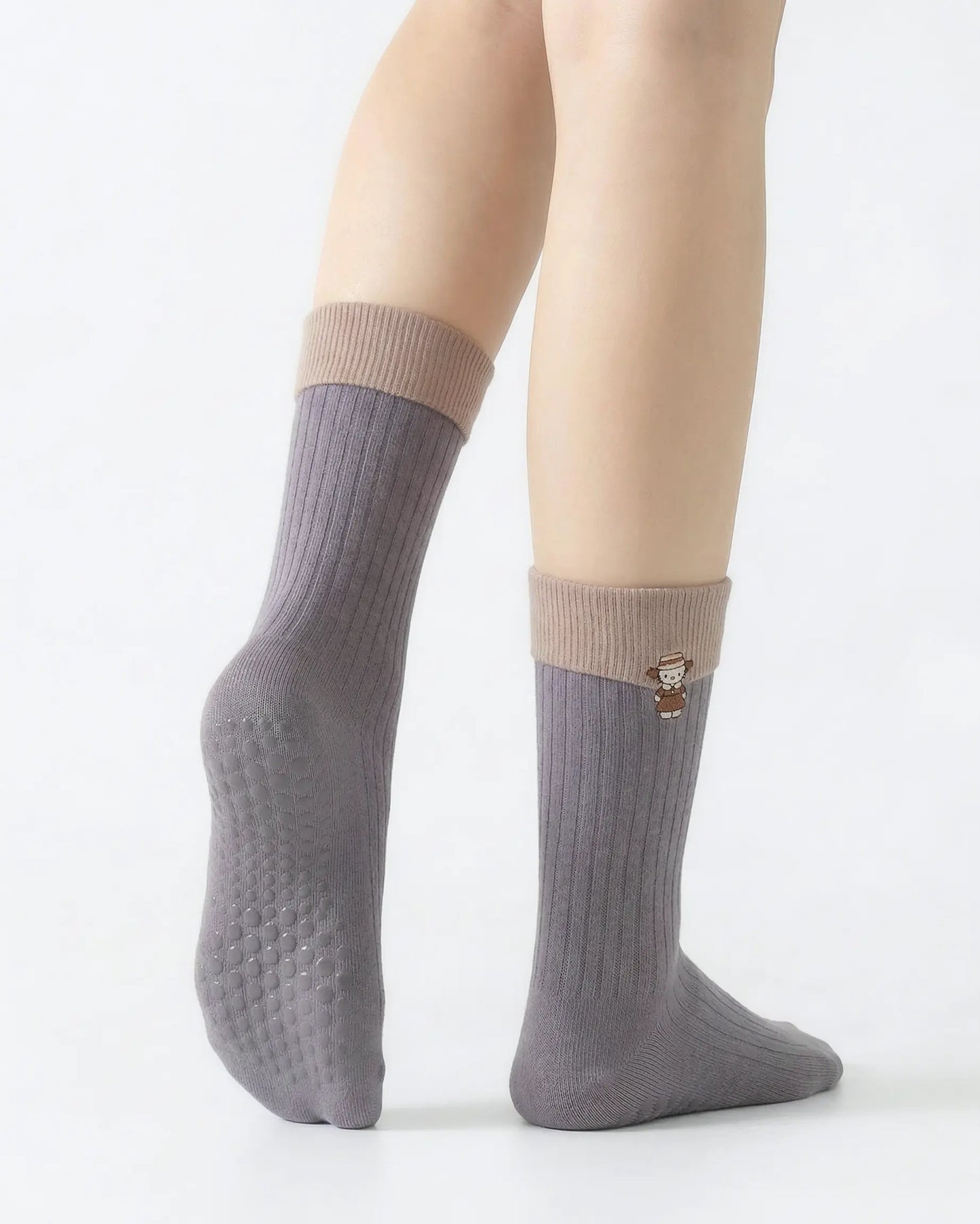light-grey | 02 | Light grey character embroidery crew grip socks back side view showing grip sole detail, contrast black cuff, and embroidered cat motif