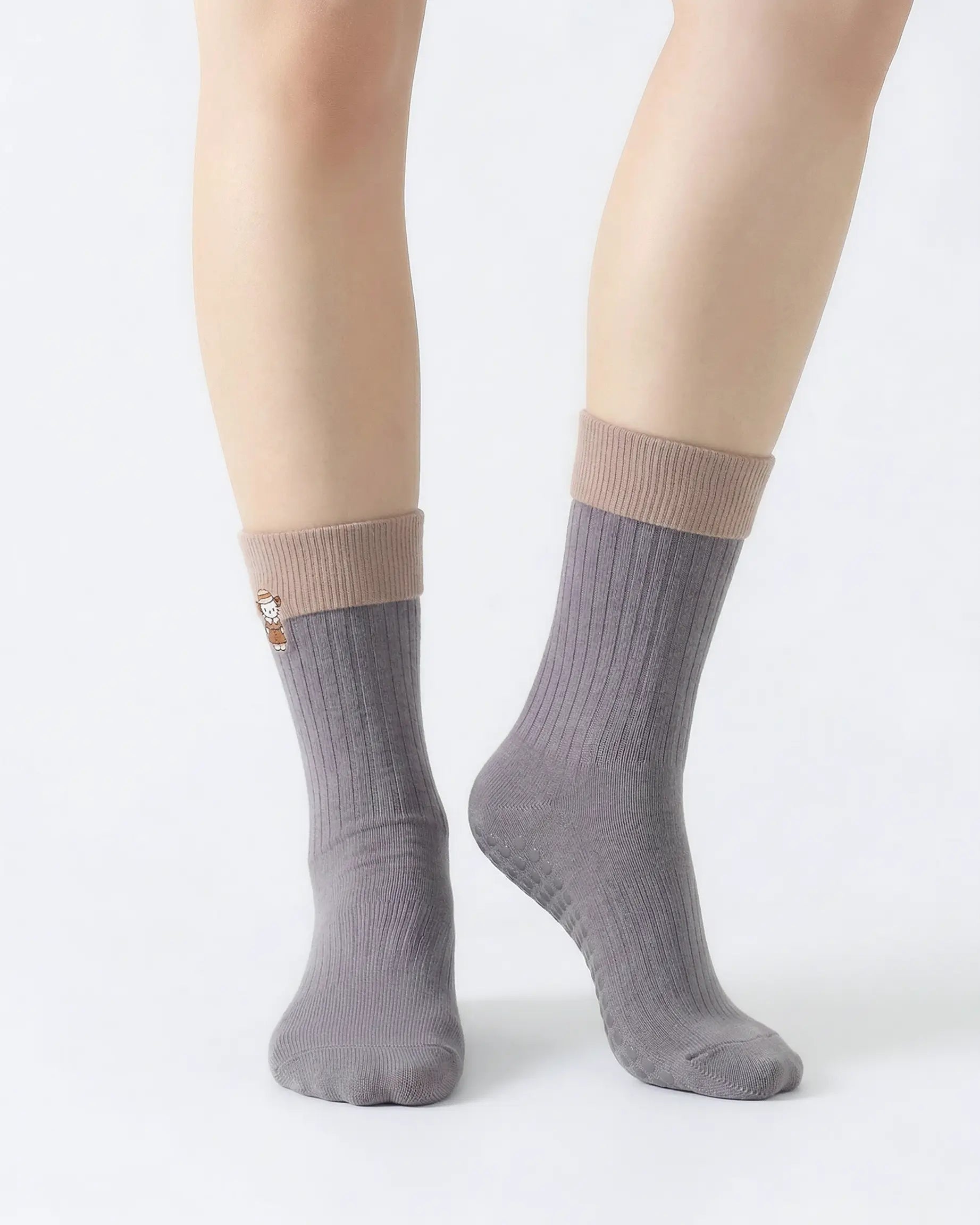 light-grey | 04 | Light grey character embroidery crew grip socks front standing view showing contrast cuff, ribbed knit texture, and clean non-slip crew sock shape