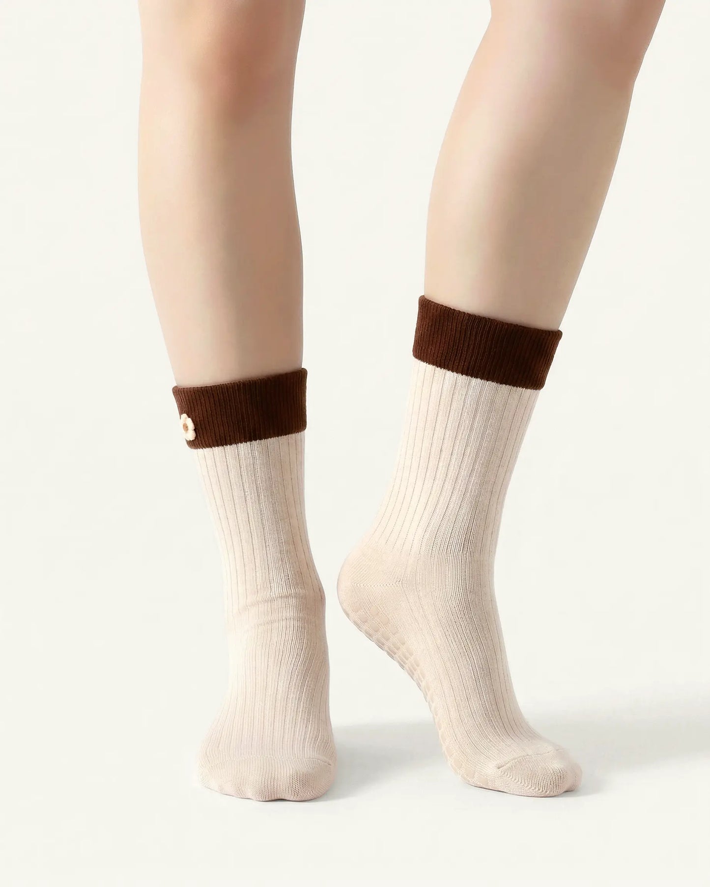 white-apricot | 04 | White apricot floral detail crew grip socks front standing view showing clean crew shape, contrast cuff, and minimal non-slip sock styling