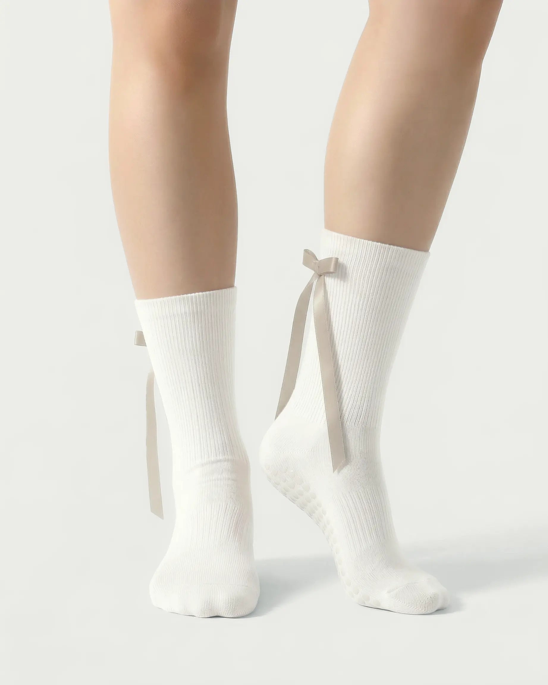 white | 04 | White ballet ribbon crew grip socks front standing view showing clean crew silhouette, ribbon side detail, and minimal non-slip styling